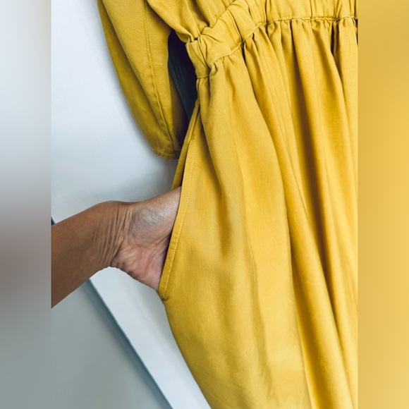 Gorgeous Asymmetrical shoulder & sleeves cut out waist flare midi dress mustard - Picture 6 of 11